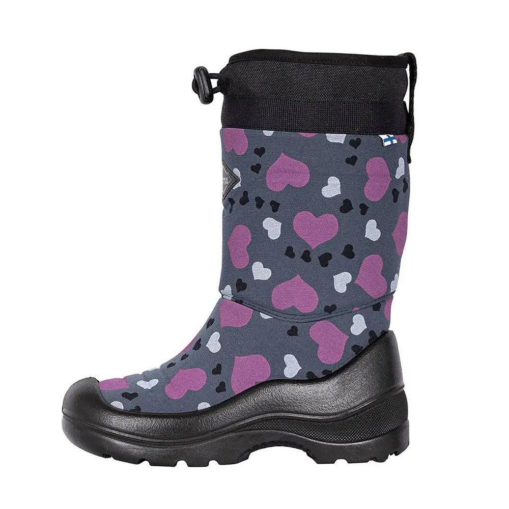Kuoma Snowlock Grey Winter Heart kids’ boot, waterproof with purple/white heart pattern and rugged black sole.