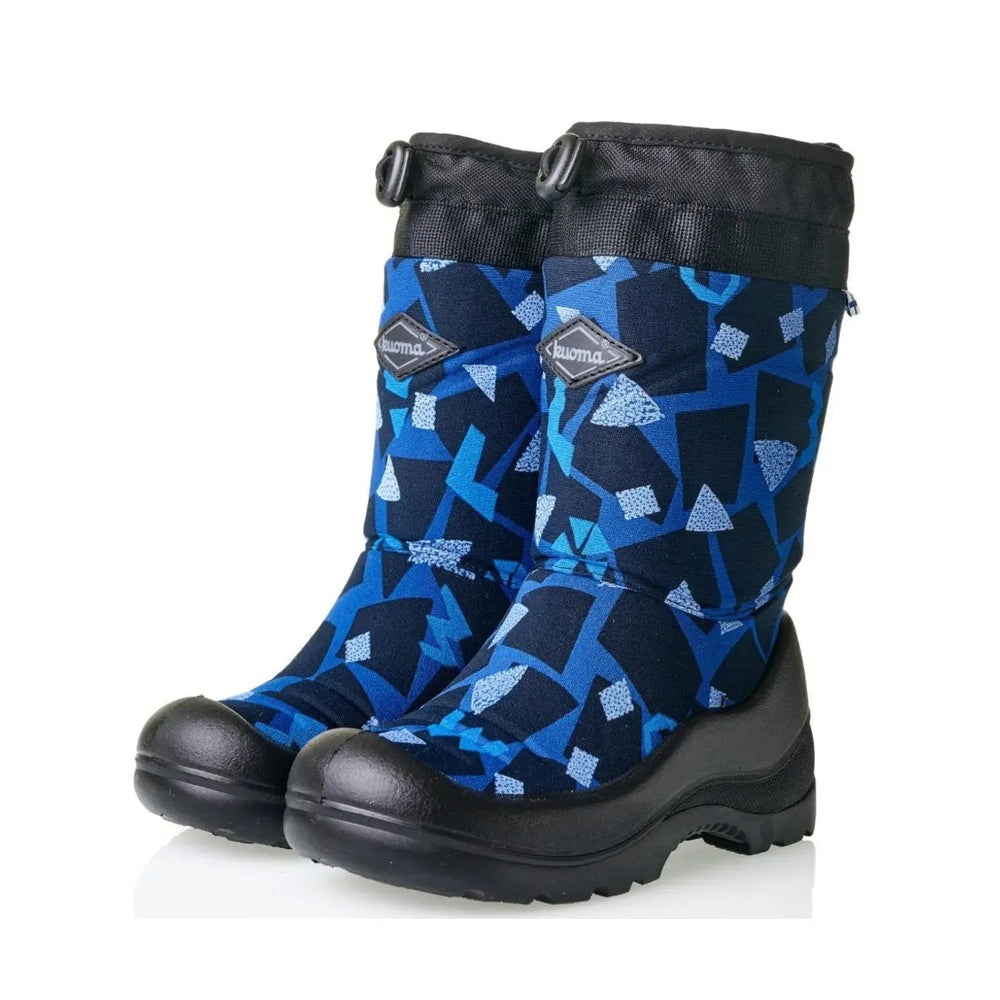 Kuoma Snowlock Sky Blue Flow kids' snow boots with blue geometric pattern and black rugged soles, pair shown.