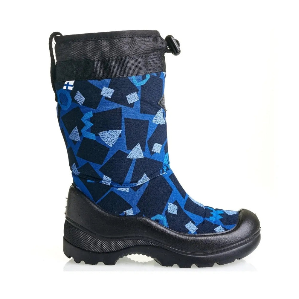 KUOMA Snowlock Sky Blue Flow boot with blue geometric pattern and rugged black sole designed for grip