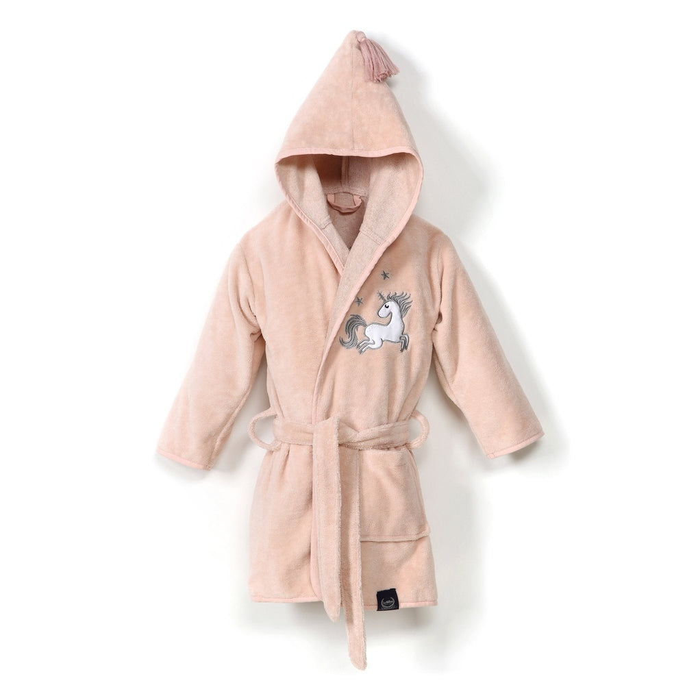 La Millou bamboo bathrobe powder pink with embroidered unicorn, Sugar Bébé size large