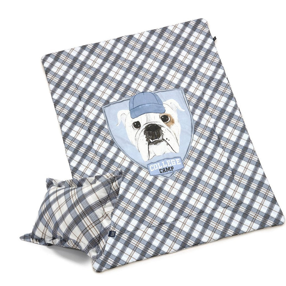 La Millou adult XL bedding set in blue plaid with dog crest emblem, College Camp & Camp Cross