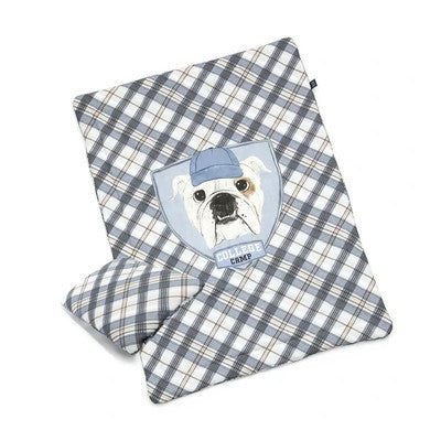 La Millou toddler bedding set with filling in blue plaid College Camp & Camp Cross, dog emblem badge