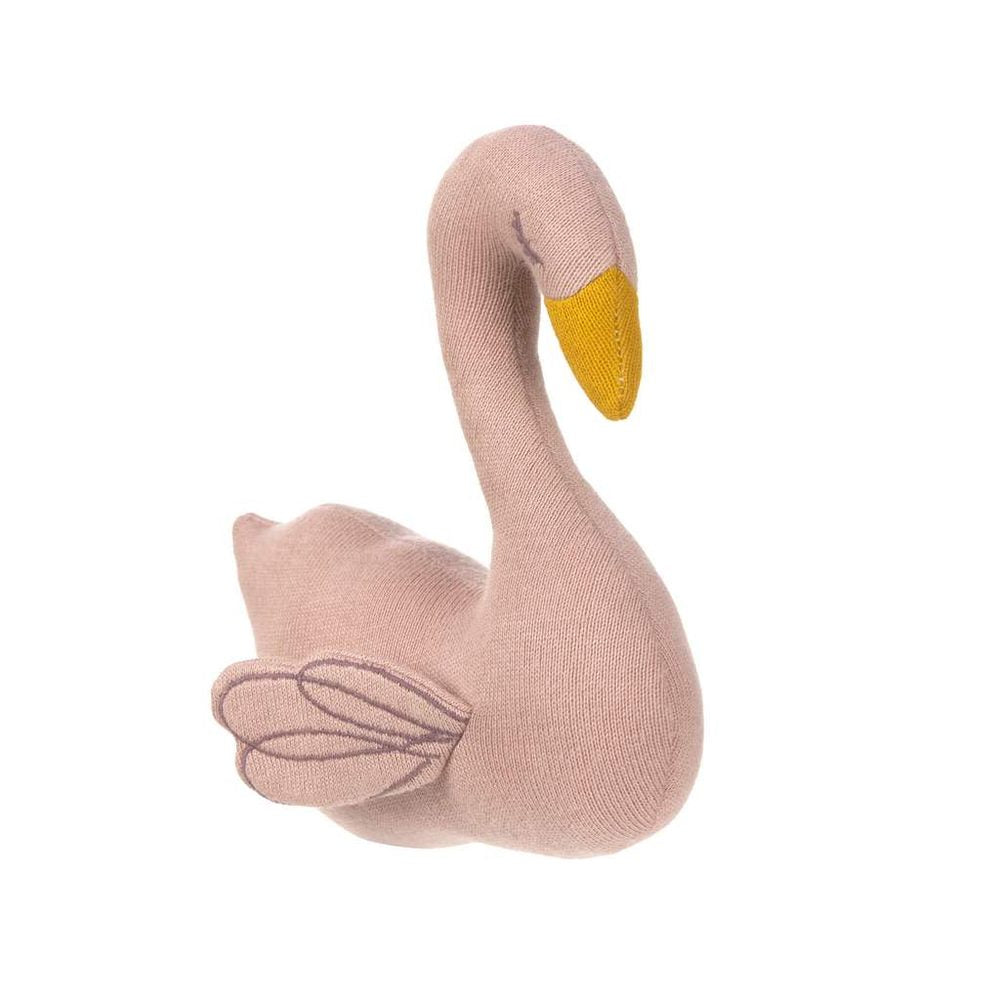 Lassig knitted flamingo toy with rattle in soft pink knit and yellow beak