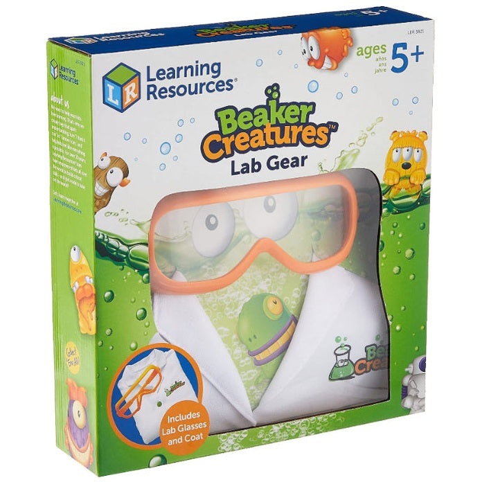 Learning Resources Breaker Creatures Lab Gear, orange safety goggles over a white lab coat in a kid-friendly science set.