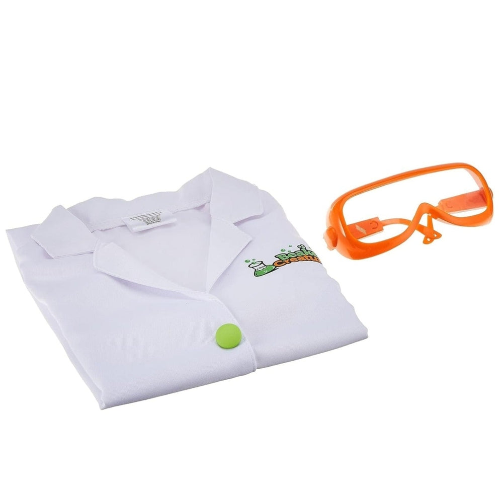 Learning Resources Breaker Creatures Lab Gear: folded white lab coat with lime button beside orange safety goggles.