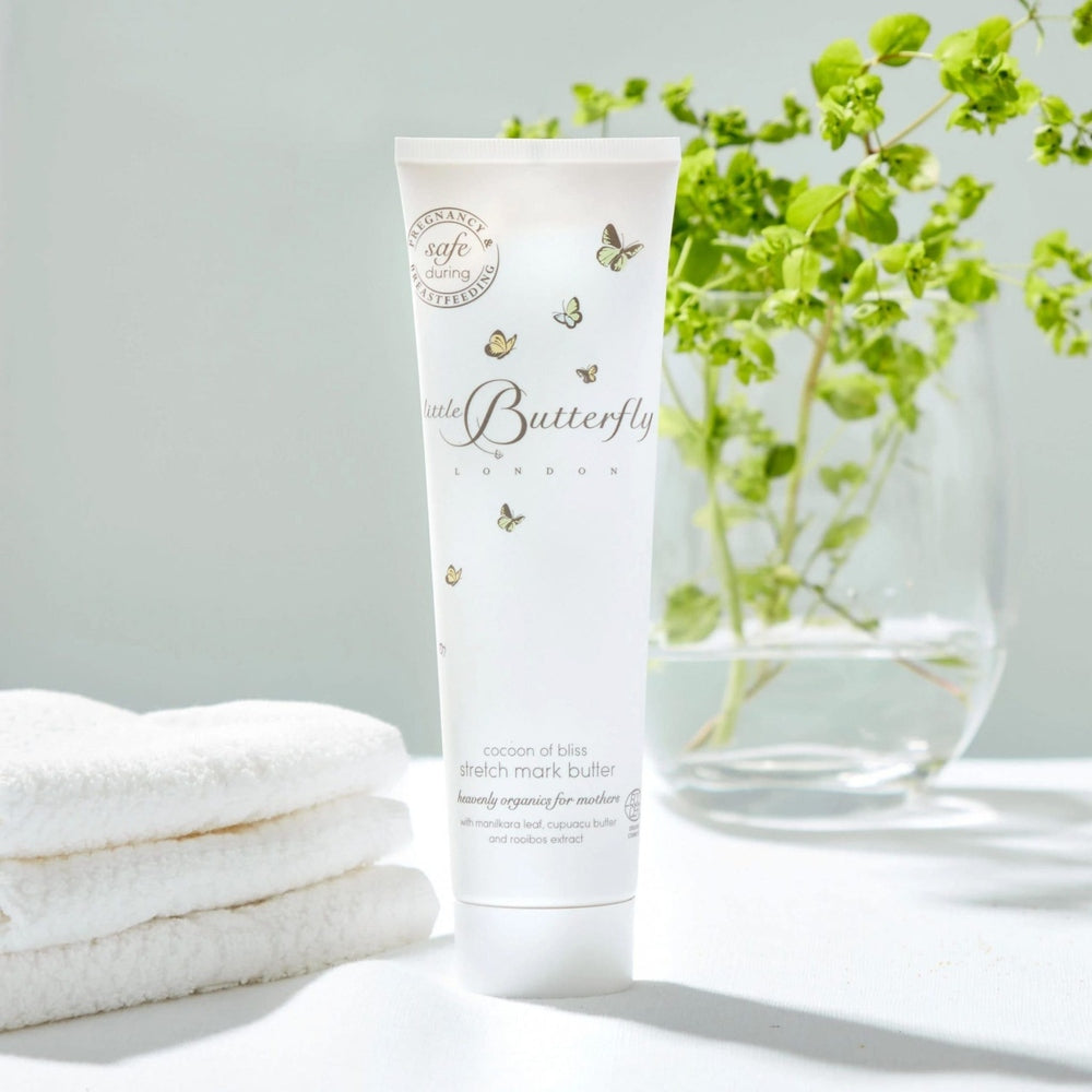 Little Butterfly London Cocoon of Bliss Stretch Mark Butter 150 ml white tube with butterfly print