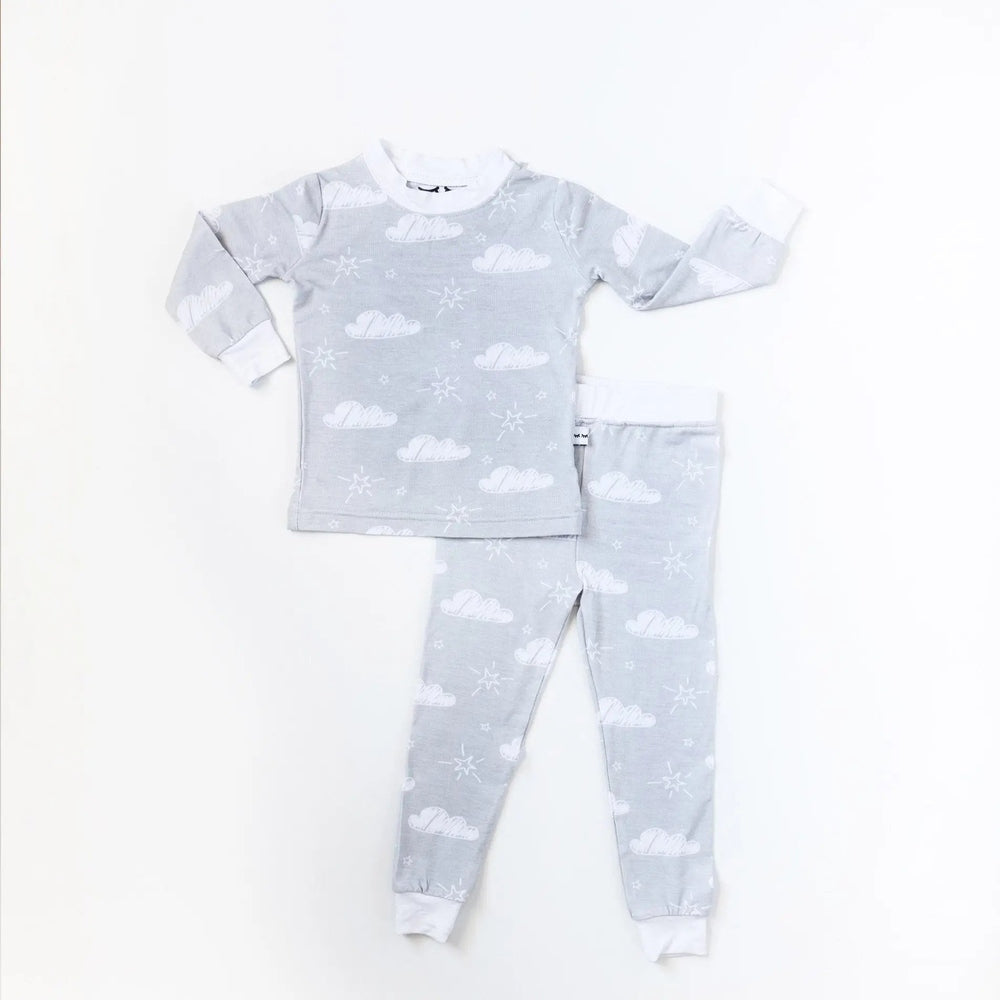 Little Sleepies Bamboo Pajama Set Clouds in gray bamboo with white clouds, top and pants laid flat.