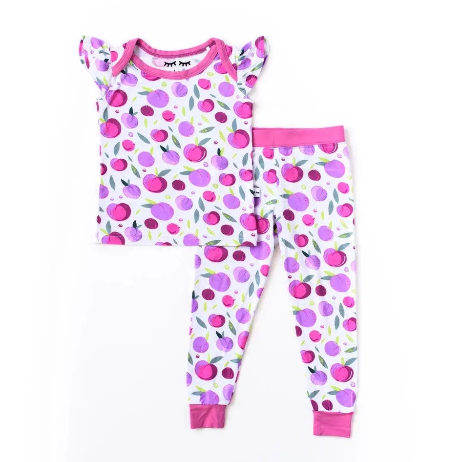 Little Sleepies Bamboo Pajama Set Plum, two-piece with pink trim and flutter sleeves in purple plum print.