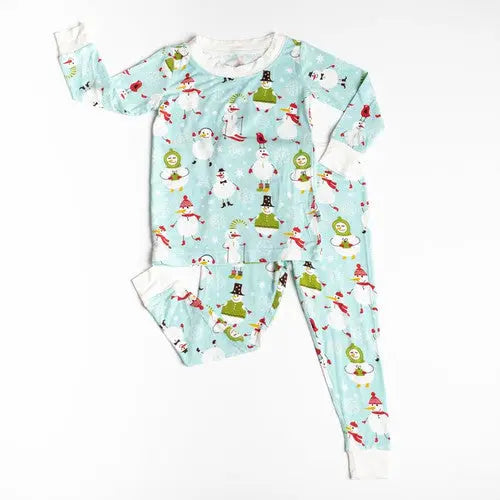 Little Sleepies Bamboo Pajama Set Snowman, light blue, long-sleeve top and pants with snowman print, laid flat.