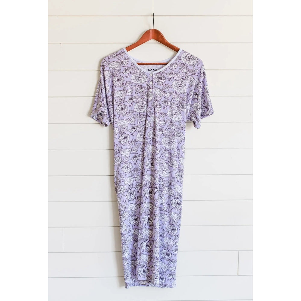 Little Sleepies Bamboo Pajama Set Women's Peonies in lavender, hung on a wooden hanger to show the two-piece floral print