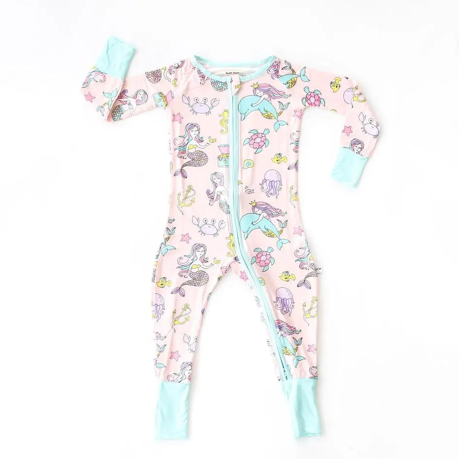 Little Sleepies Bamboo Zip Romper/Sleeper Mermaid in pastel pink with aqua cuffs, diagonal zipper for easy changing.