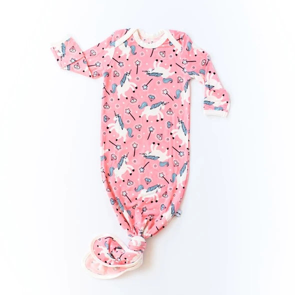 Little Sleepies unicorns bamboo viscose infant knotted gown in pink with white unicorns