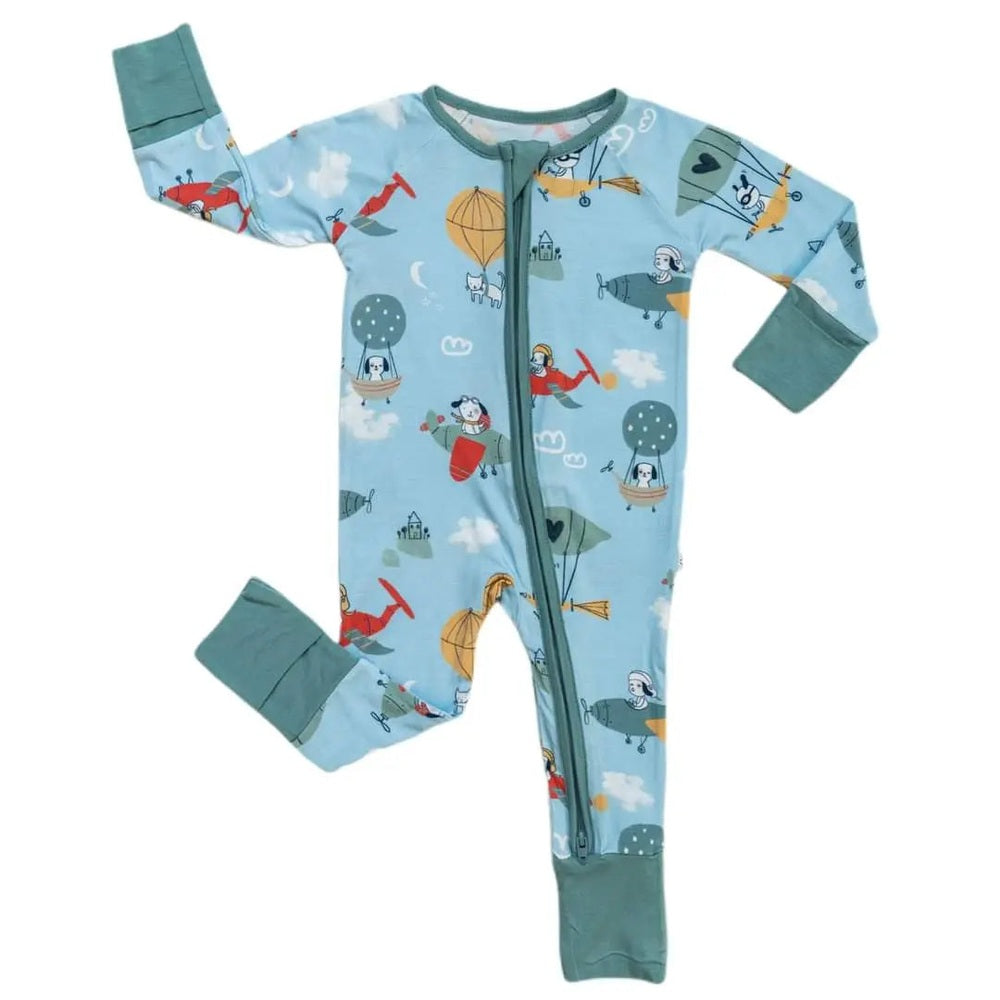 Littlesleepies Fly Away With Me Bamboo Viscose Zippy romper in light blue with teal cuffs, zipper front for easy diaper changes.