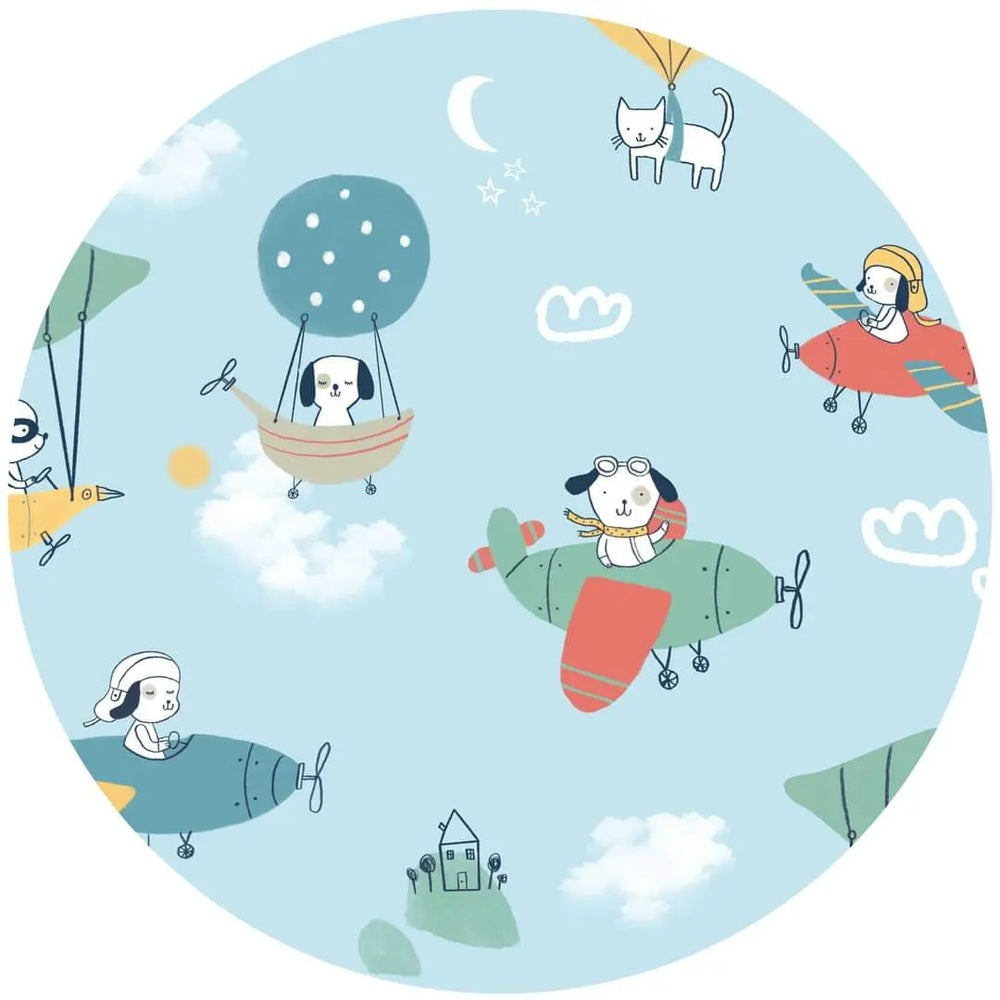 Littlesleepies Fly Away With Me Bamboo Viscose Zippy in blue sky airplane motif, where a puppy pilot rides a green airship.