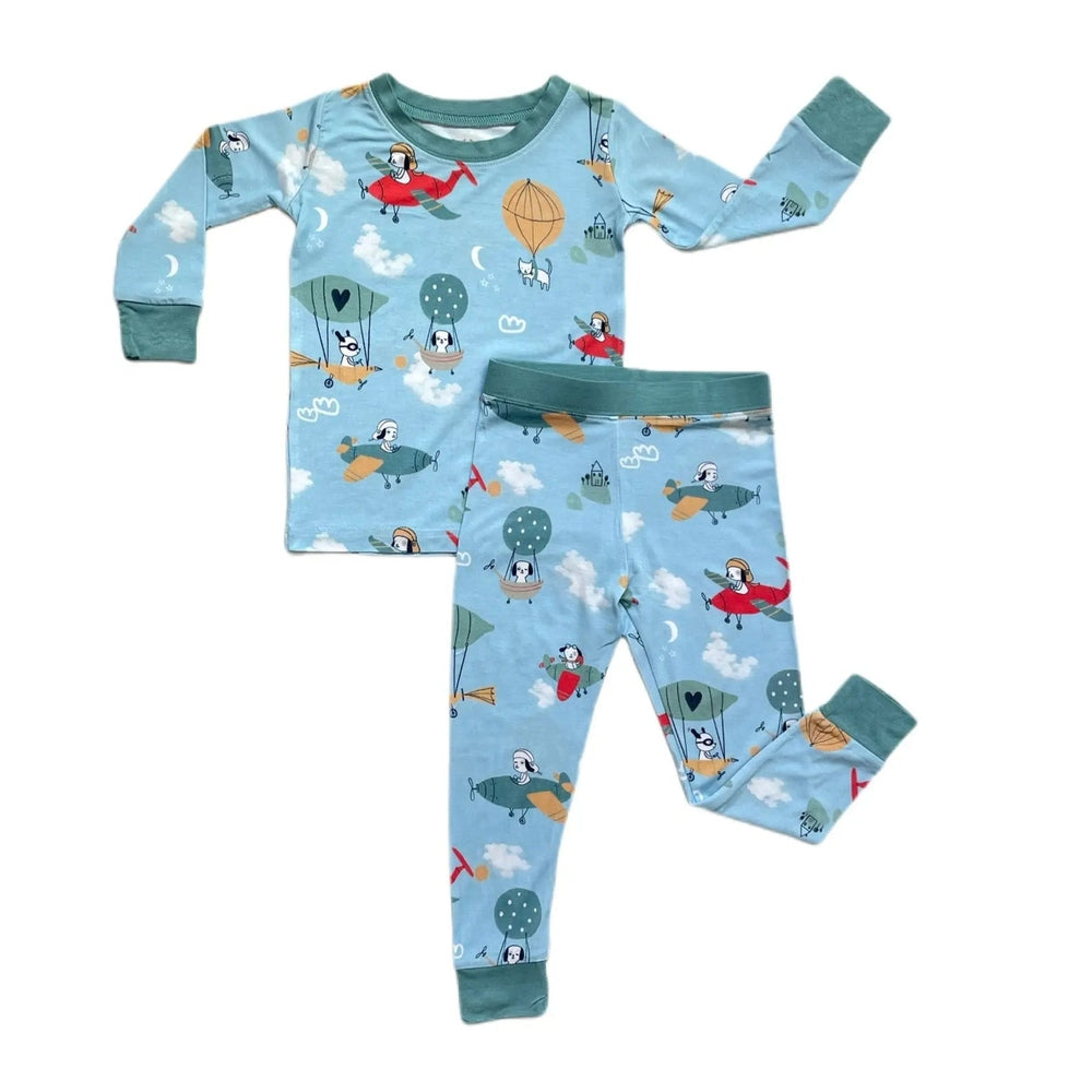 Littlesleepies Fly Away With Me two-piece bamboo viscose pajama set in blue, long-sleeve top and pants with airplanes and balloons.