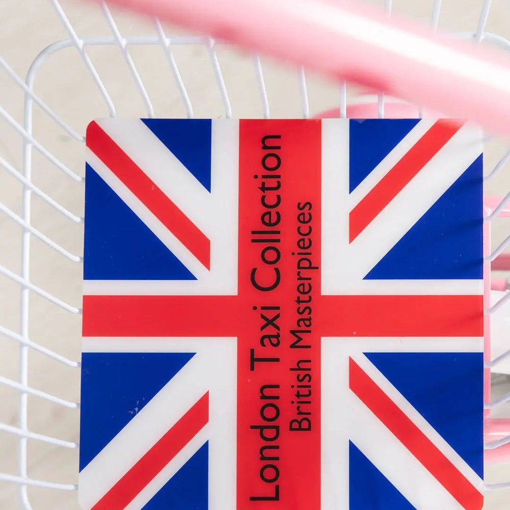 London Taxi 14 Inch Kid's Bike with Pushbar, Union Jack graphic on a boxed package
