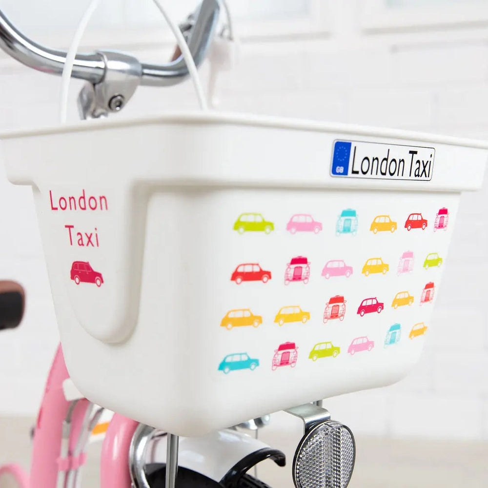 London Taxi 14 Inch Kid's Bike With Pushbar, white frame with a front basket featuring colorful taxi decals