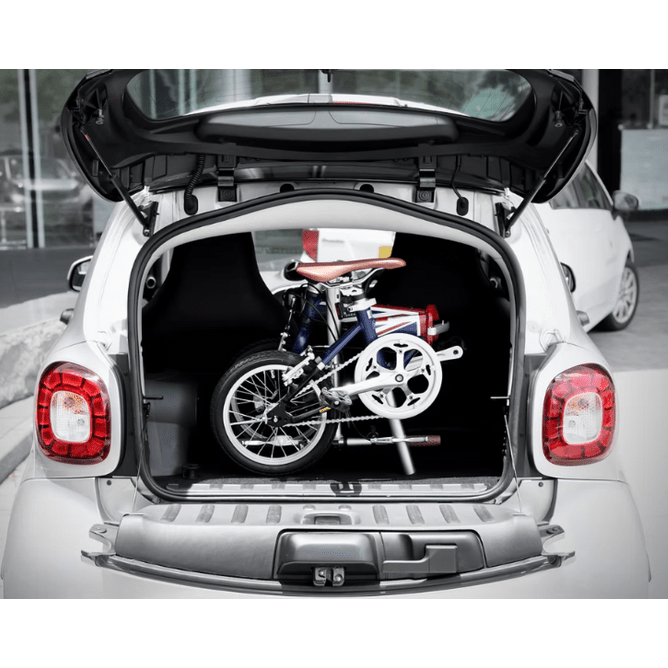 London Taxi folding 14-inch aluminum bicycle, blue frame with brown saddle, compact for travel