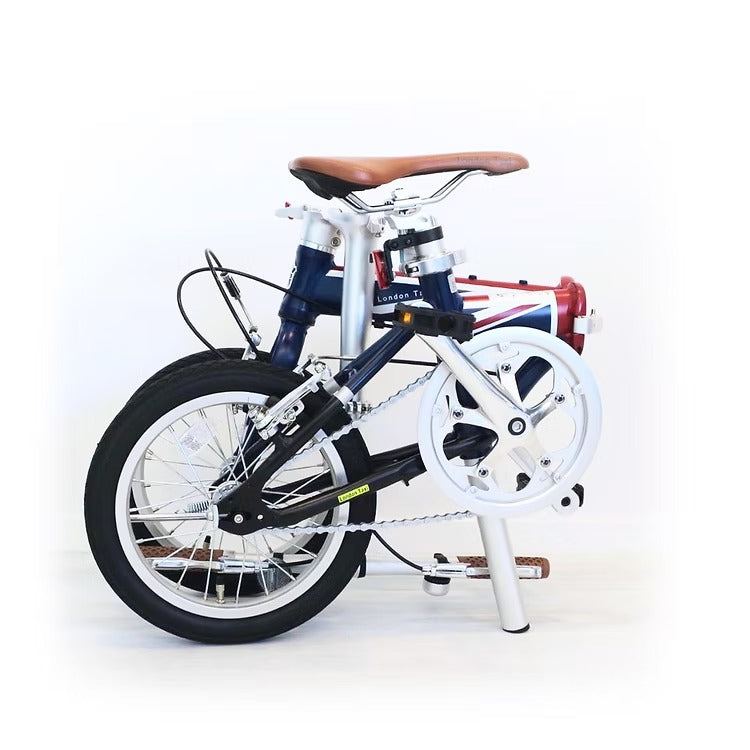 London Taxi Folding 14-Inch Aluminum Bicycle with brown saddle and compact folded design