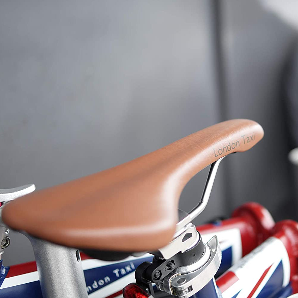London Taxi folding 14-inch bicycle; aluminum lightweight frame, blue with Union Jack accents, brown saddle