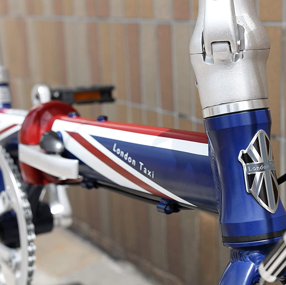 London Taxi folding 14-inch aluminum kids bicycle with Union Jack graphics and blue frame by London Taxi