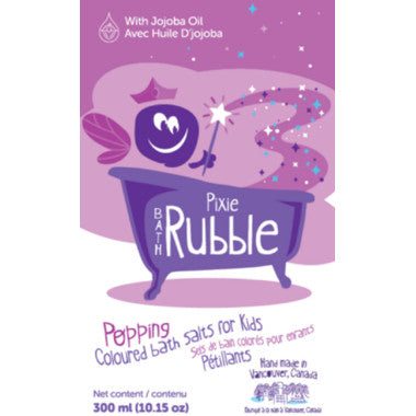 Bath Rubble Pixie bath salts by Loot Toy Co in a purple tub with a pixie illustration for kids