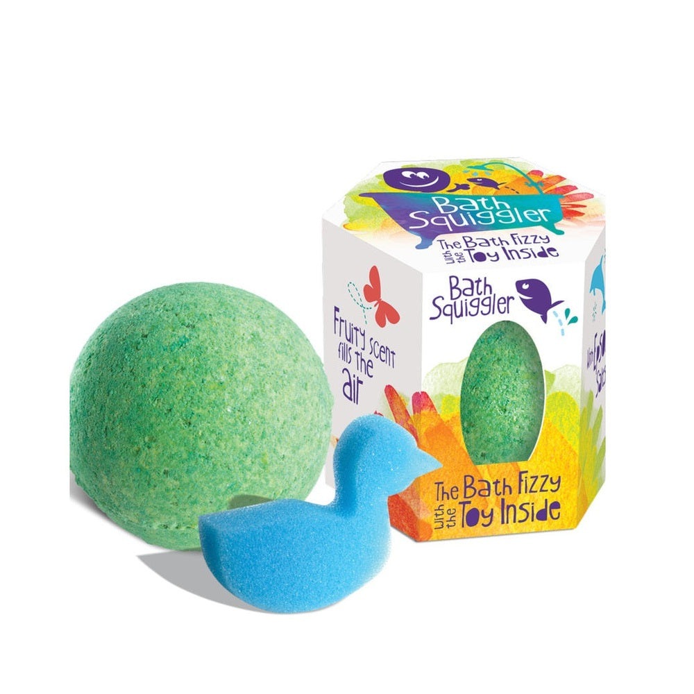 Bath Squiggler bath fizz set with blue sponge duck and green fizz ball in Loot Toy Co packaging