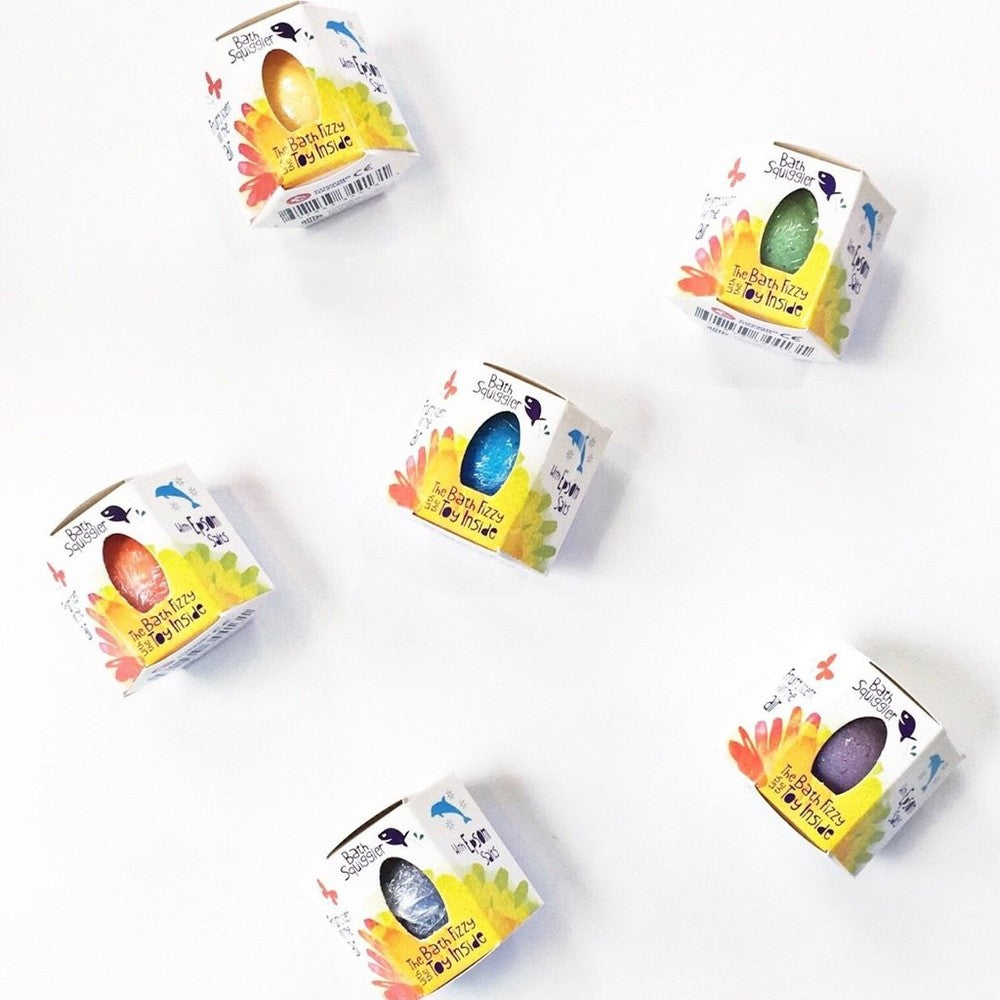Loot Toy Co Bath Squiggler bath fizzies with sponge toy; six colorful boxed bath bombs in assorted colors