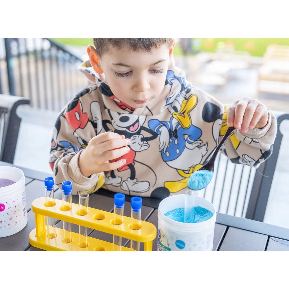 LOOT TOY CO Fizzy Fest Coloured Bath Salts Cool Blue; two jars of blue bath salt with a child scooping with a spoon.