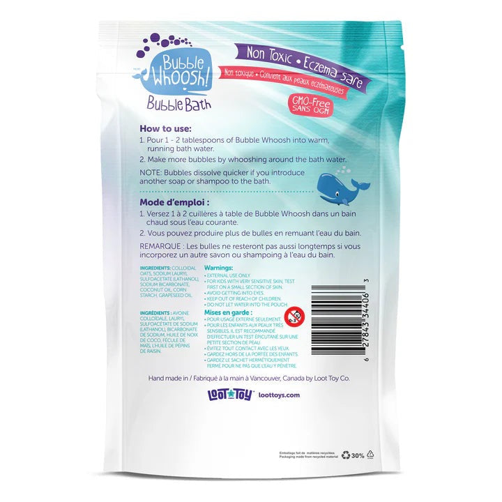 Loot Toy Co Foaming Bath Powder Clear in resealable pouch; eczema-safe, non-toxic bath product.