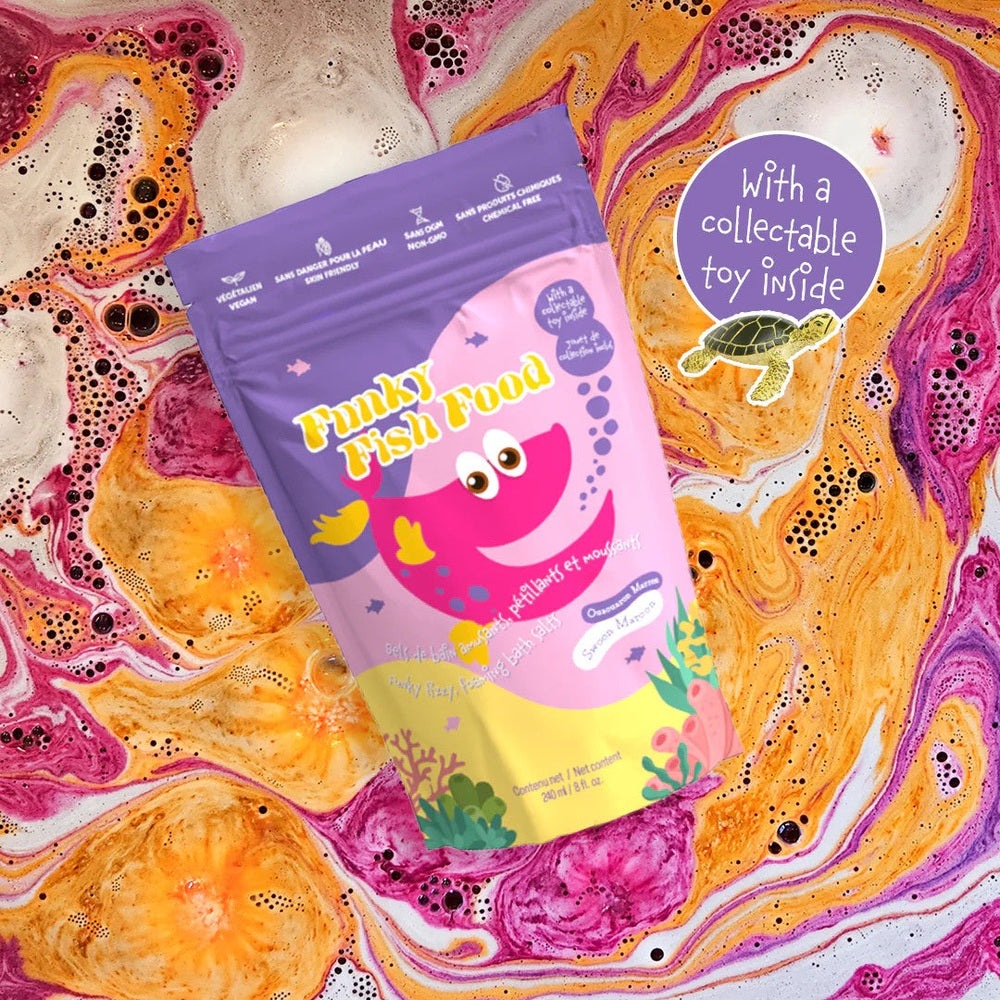 Funky Fish Food by Loot Toy Co, purple-pink packaging for bath time with a collectible toy inside