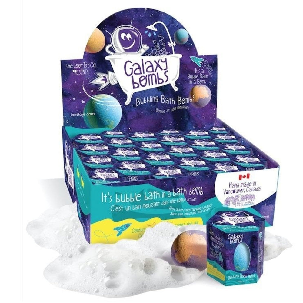 Galaxy Bubbling Bath Bombs by Loot Toy Co display with 24 space-themed purple boxes