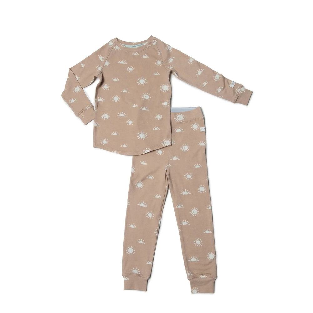 Loulou Lollipop 2-pc Pajama Set Sun, beige cotton, long-sleeve top and pants laid flat.