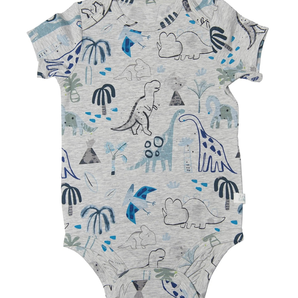 Loulou Lollipop Baby Bodysuit Dinosaurs in heather gray with blue dinos; laid flat to show short sleeves and snap bottom.