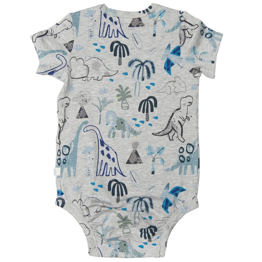 Loulou Lollipop Baby Bodysuit Dinosaurs in heather grey with blue prints; short sleeves and snap bottom.