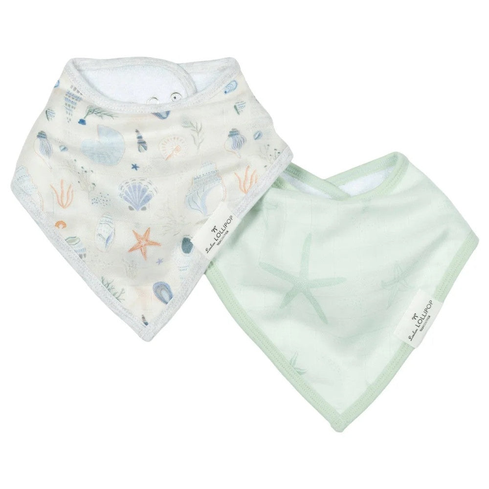 LOULOU LOLLIPOP Bandana Bib Set, two pastel sea-life bibs shown flat for drool protection.