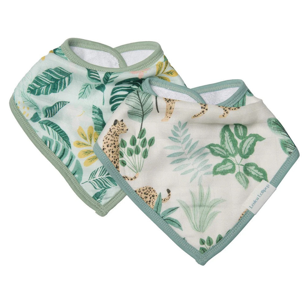 Loulou Lollipop Bandana Bib Set, two jungle-leaf print bibs with sage-green trim laid flat.