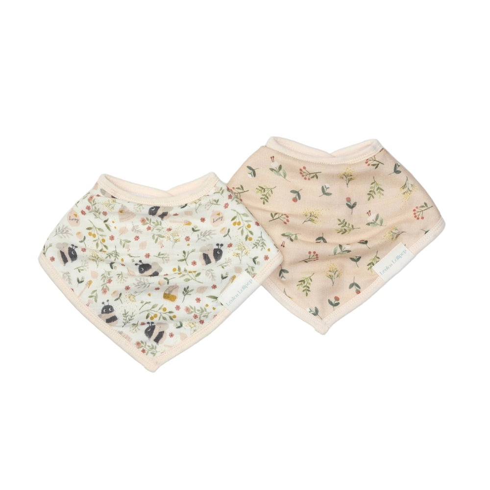 LOULOU LOLLIPOP Bandana Bib Set: two soft cream bibs with panda/floral prints, perfect for feeding.