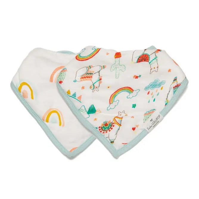Loulou Lollipop Bandana Bib Set: two pastel bibs with light blue trim, featuring rainbow and animal prints laid flat.