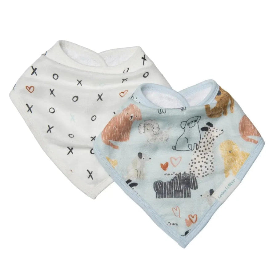 Loulou Lollipop Bandana Bib Set: two bibs, light blue animal-print and white with Xs, laid flat for feeding.