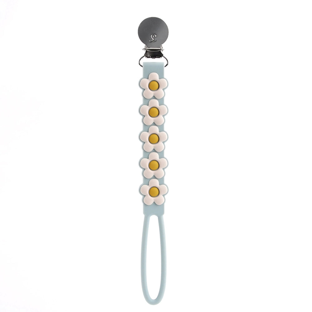 Loulou Lollipop Beadless Pacifier Clip in light blue with white daisies; metal clip attaches to clothing, loop holds pacifier.