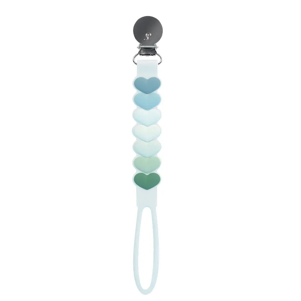 Loulou Lollipop Beadless Pacifier Clip with pastel blue heart beads; metal clip grips clothing while loop holds the pacifier.