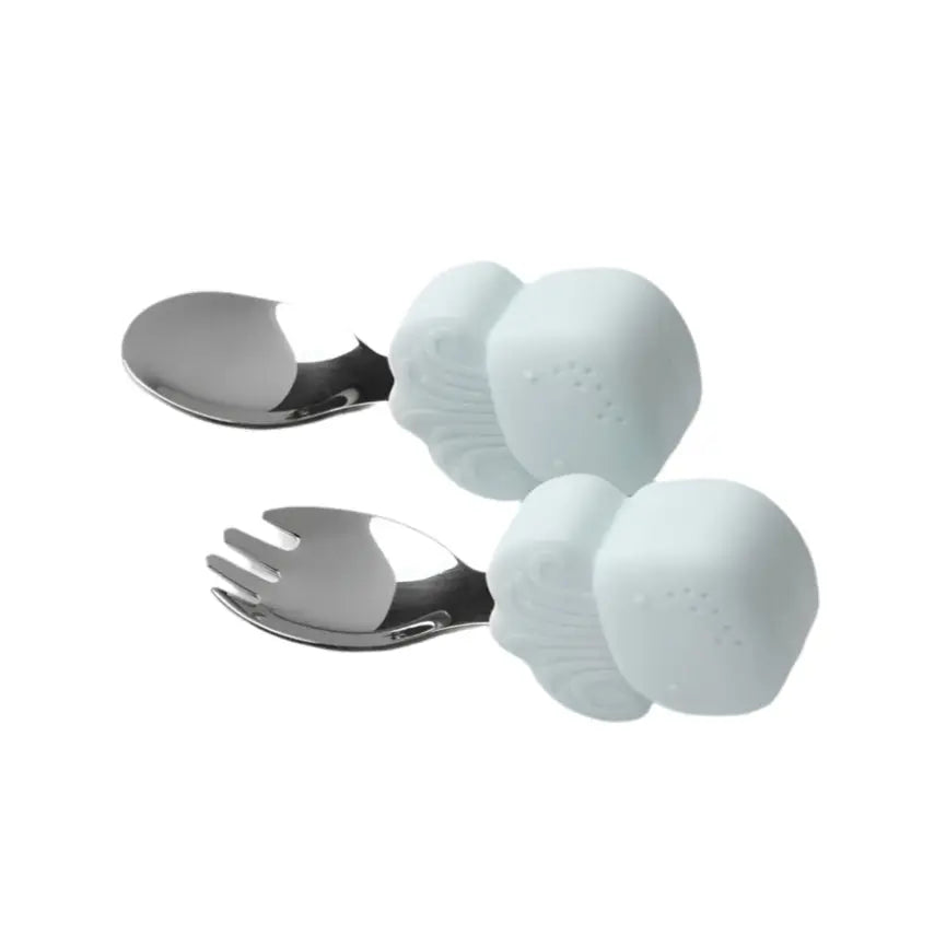 Loulou Lollipop Born To Be Wild Learning Spoon/Fork Set with white silicone heads and stainless steel handles, two pieces.