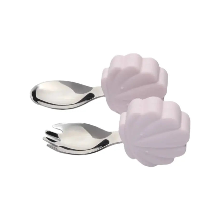 Loulou Lollipop Born To Be Wild Learning Spoon/Fork Set, pink flower-handled feeding utensils held for mealtime.