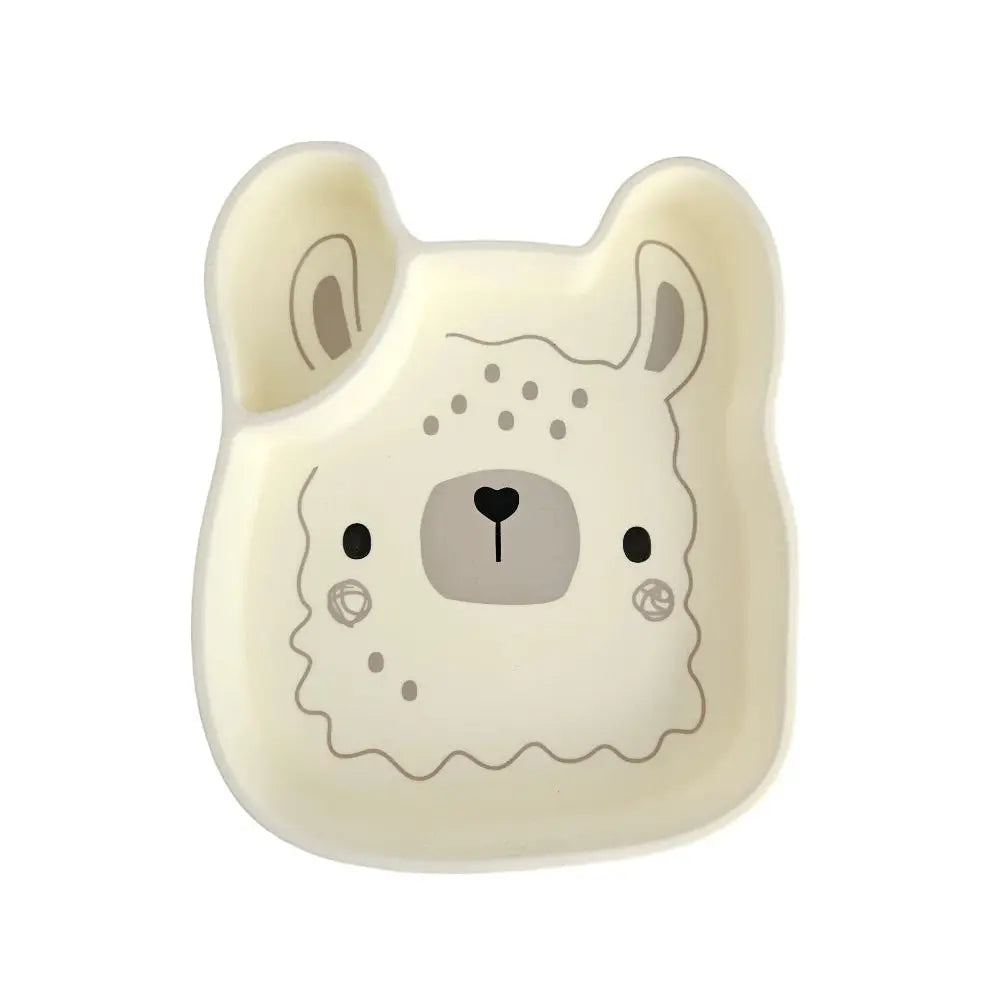 Loulou Lollipop Born To Be Wild silicone snack plate in cream, bear-face design shown ready for baby mealtime.