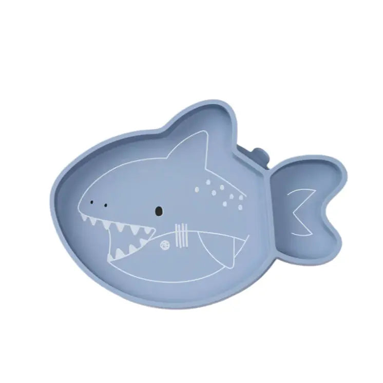 Loulou Lollipop Born To Be Wild silicone snack plate, blue shark-shaped baby feeding dish with smooth edges.