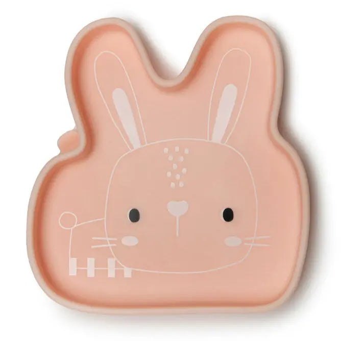 Loulou Lollipop Born To Be Wild Silicone Snack Plate, pink bunny shape with smooth edges for easy feeding.