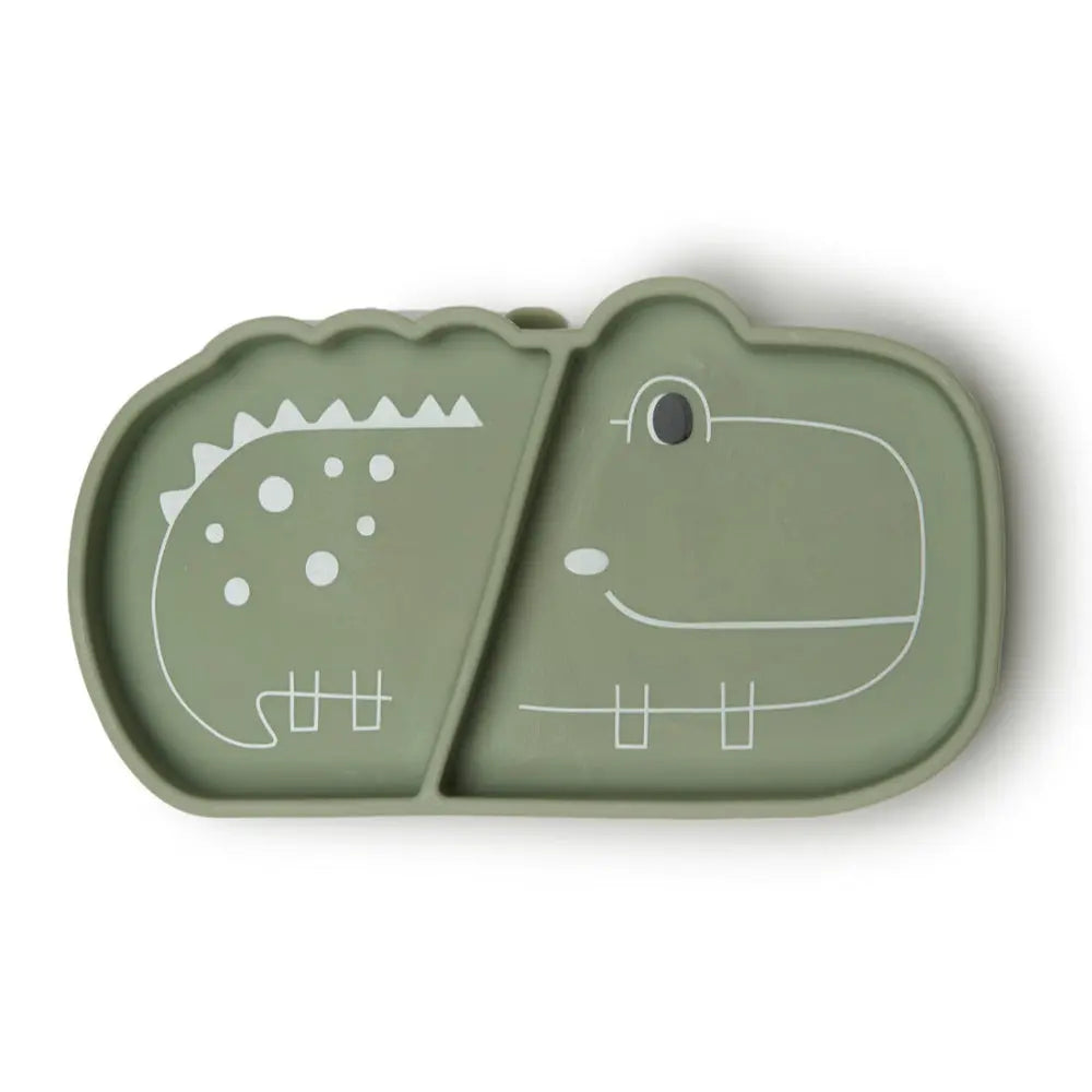 Loulou Lollipop Born To Be Wild silicone snack plate in olive green with two compartments split by a divider.