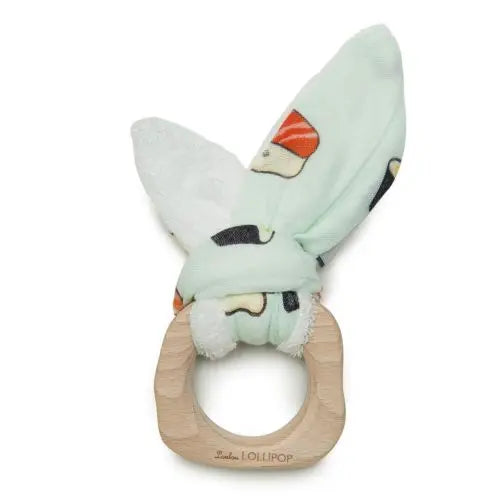 Loulou Lollipop Bunny Ear Teething Ring in mint-green plush ears with wooden ring, baby grips to soothe gums.