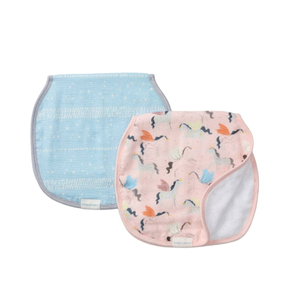 Loulou Lollipop Burp Cloth Set: blue dotted and pink unicorn-print cloths with soft, absorbent fabric.